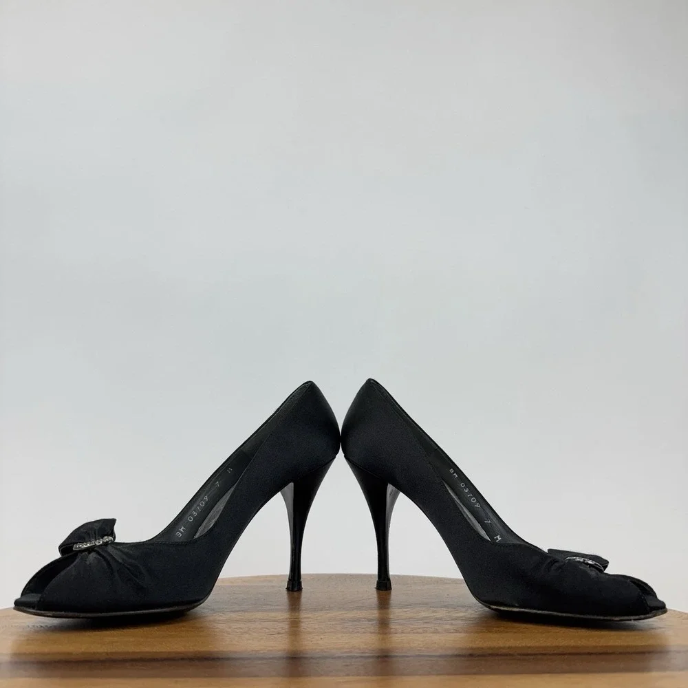 Womens Stuart Weitzman Black‎ Satin Rhinestone Bow Peep Toe Pumps Heels Size 7 M
